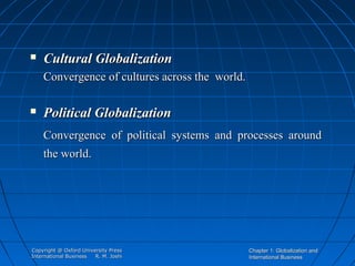 

Cultural Globalization
Convergence of cultures across the world.



Political Globalization
Convergence of political systems and processes around
the world.

Copyright @ Oxford University Press
International Business
R. M. Joshi

Chapter 1: Globalization and
International Business

 