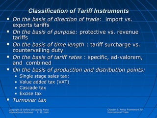 Classification of Tariff Instruments










On the basis of direction of trade: import vs.
exports tariffs
On the basis of purpose: protective vs. revenue
tariffs
On the basis of time length : tariff surcharge vs.
countervailing duty
On the basis of tariff rates : specific, ad-valorem,
and combined
On the basis of production and distribution points:
•
•
•
•



Single stage sales tax:
Value added tax (VAT)
Cascade tax
Excise tax

Turnover tax

Copyright @ Oxford University Press
International Business
R. M. Joshi

Chapter 9: Policy Framework for
International Trade

 