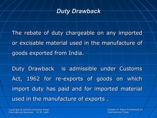 Duty Drawback
The rebate of duty chargeable on any imported
or excisable material used in the manufacture of
goods exported from India.
Duty Drawback

is admissible under Customs

Act, 1962 for re-exports of goods on which
import duty has paid and for imported material
used in the manufacture of exports .
Copyright @ Oxford University Press
International Business
R. M. Joshi

Chapter 9: Policy Framework for
International Trade

 