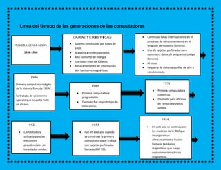 Línea del tiempo de las generaciones de las computadoras.
PRIMERA GENERACIÓN.
1938-1958
1946
Primera computadora digita
de la historia llamada ENIAC.
Se trataba de un enorme
aparato que ocupaba todo
un sótano.
CARACTERÍSTICAS
 Sistema constituido por tubos de
vacío.
 Maquina grandes y pesadas
 Alto consumo de energía
 Los tubos eran de 300vots
 Almacenamiento de información
den tambores magnéticos.
1949.
 Primera computadora
programable.
 También fue un prototipo de
laboratorio.
 Continuas fallas interrupciones en el
procesos de almacenamiento en el
lenguaje de maquina (binario).
 Uso de tarjetas perforadas para
suministra datos de programas código
(binario).
 Al costo
 Requería de sistema auxiliar de aire a
condicionado.
1951.
 Primera computadora
comercial.
 Diseñada para oficinas
de censo de estados
unidos.
1952.
 Computadora
utilizada para las
elecciones
presidenciales en
los estados unidos.
1953.
 Fue en este año cuando
se construye la primera
computadora que trabaja
con tarjetas perforadas
llamada IBM 701.
1954.
 En este año se continúa con
los modelos de la IBM que
incorporan un
almacenamiento masivo
llamado tambores
magnéticos que luego
evolucionarían a discos
magnéticos.
 