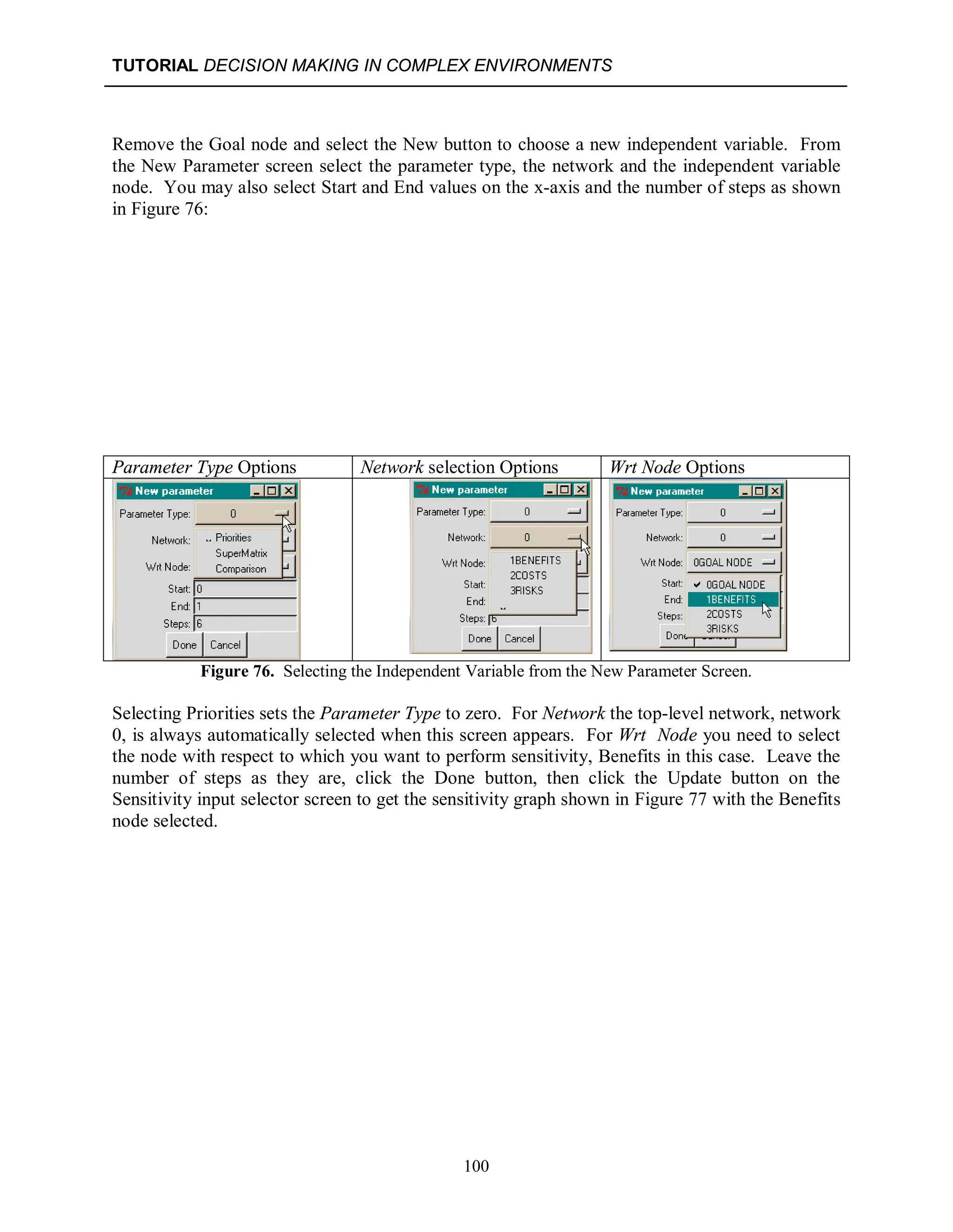 TUTORIAL DECISION MAKING IN COMPLEX ENVIRONMENTS
100
Remove the Goal node and select the New button to choose a new independent variable. From
the New Parameter screen select the parameter type, the network and the independent variable
node. You may also select Start and End values on the x-axis and the number of steps as shown
in Figure 76:
Parameter Type Options Network selection Options Wrt Node Options
Figure 76. Selecting the Independent Variable from the New Parameter Screen.
Selecting Priorities sets the Parameter Type to zero. For Network the top-level network, network
0, is always automatically selected when this screen appears. For Wrt Node you need to select
the node with respect to which you want to perform sensitivity, Benefits in this case. Leave the
number of steps as they are, click the Done button, then click the Update button on the
Sensitivity input selector screen to get the sensitivity graph shown in Figure 77 with the Benefits
node selected.
 