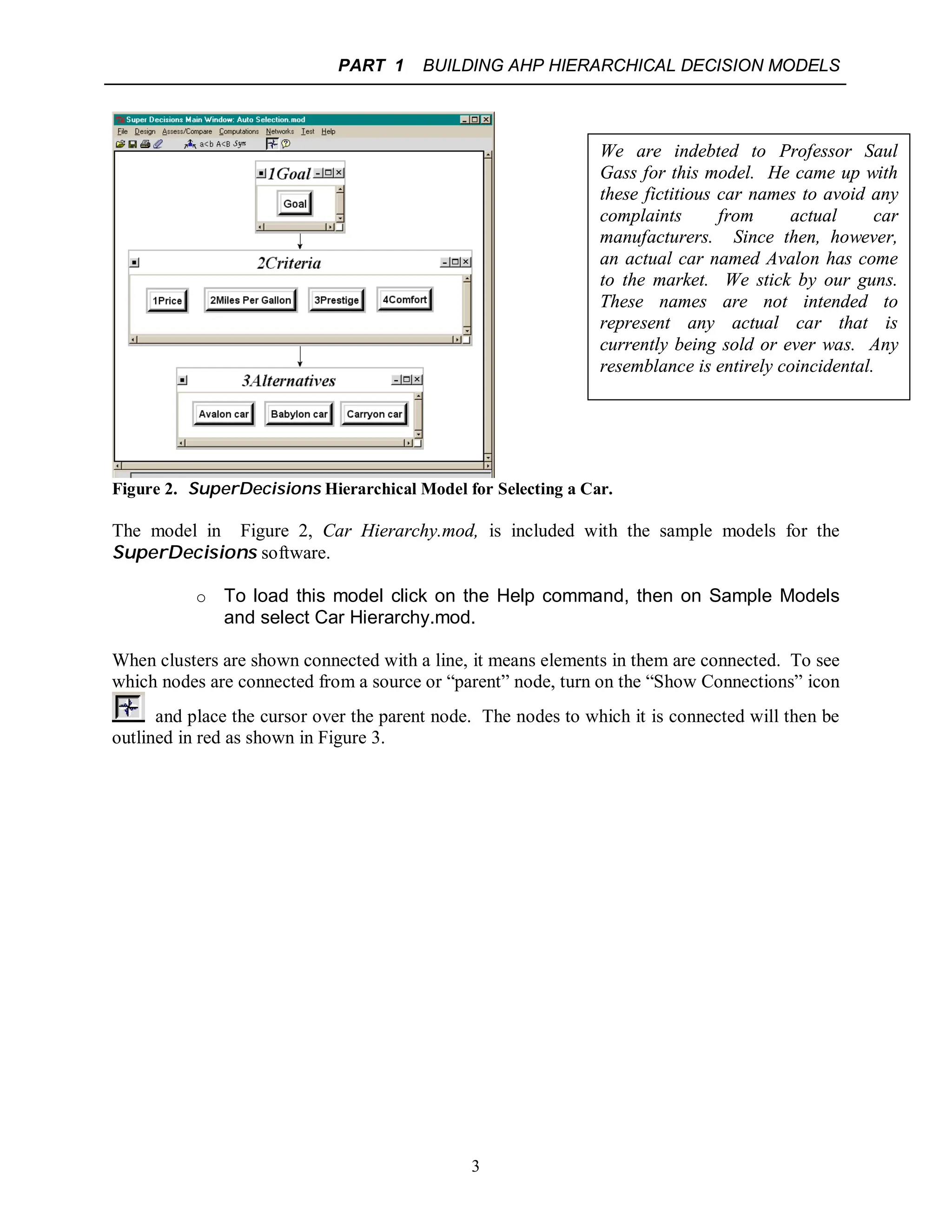 PART 1 BUILDING AHP HIERARCHICAL DECISION MODELS
3
Figure 2. SuperDecisions Hierarchical Model for Selecting a Car.
The model in Figure 2, Car Hierarchy.mod, is included with the sample models for the
SuperDecisions software.
o To load this model click on the Help command, then on Sample Models
and select Car Hierarchy.mod.
When clusters are shown connected with a line, it means elements in them are connected. To see
which nodes are connected from a source or “parent” node, turn on the “Show Connections” icon
and place the cursor over the parent node. The nodes to which it is connected will then be
outlined in red as shown in Figure 3.
We are indebted to Professor Saul
Gass for this model. He came up with
these fictitious car names to avoid any
complaints from actual car
manufacturers. Since then, however,
an actual car named Avalon has come
to the market. We stick by our guns.
These names are not intended to
represent any actual car that is
currently being sold or ever was. Any
resemblance is entirely coincidental.
 