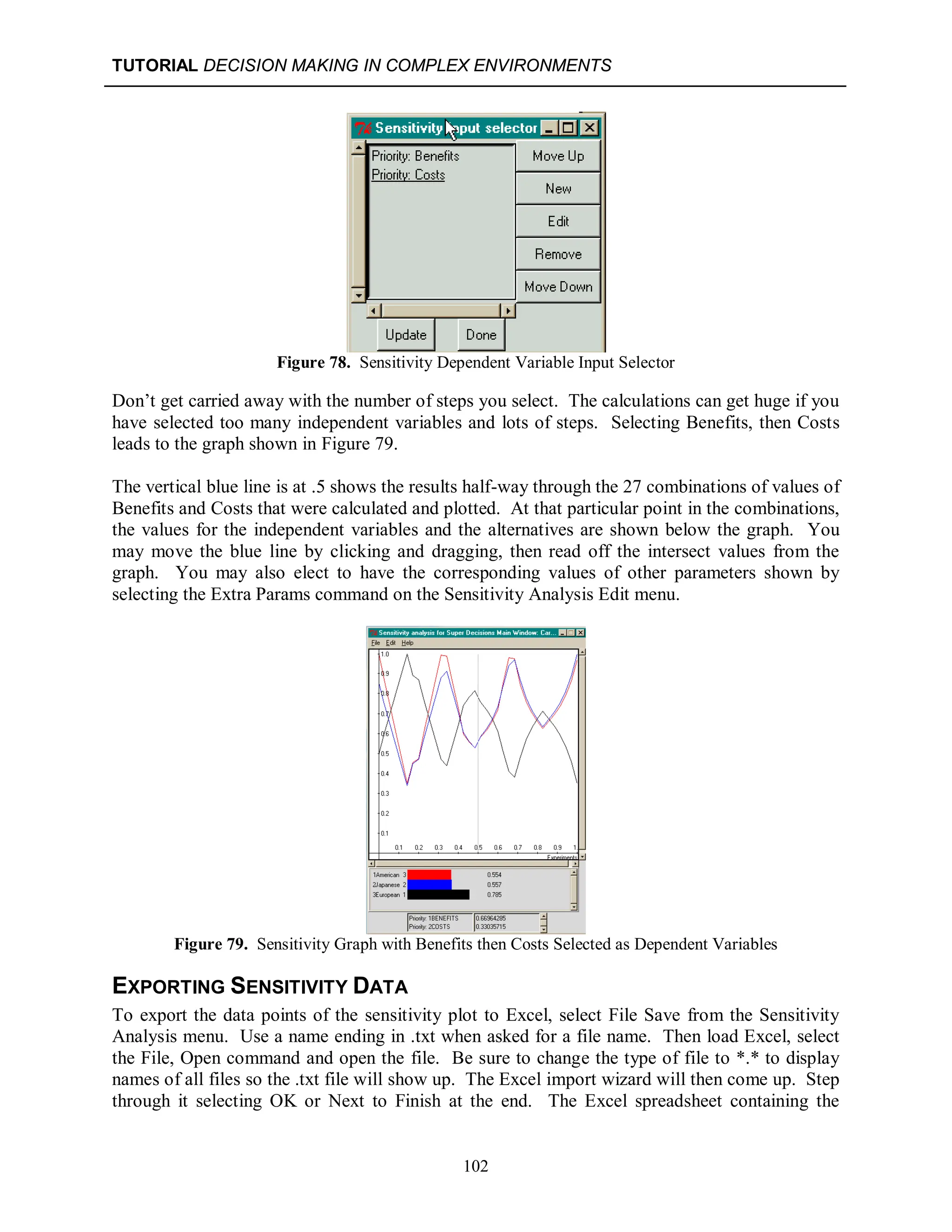 TUTORIAL DECISION MAKING IN COMPLEX ENVIRONMENTS
102
Figure 78. Sensitivity Dependent Variable Input Selector
Don’t get carried away with the number of steps you select. The calculations can get huge if you
have selected too many independent variables and lots of steps. Selecting Benefits, then Costs
leads to the graph shown in Figure 79.
The vertical blue line is at .5 shows the results half-way through the 27 combinations of values of
Benefits and Costs that were calculated and plotted. At that particular point in the combinations,
the values for the independent variables and the alternatives are shown below the graph. You
may move the blue line by clicking and dragging, then read off the intersect values from the
graph. You may also elect to have the corresponding values of other parameters shown by
selecting the Extra Params command on the Sensitivity Analysis Edit menu.
Figure 79. Sensitivity Graph with Benefits then Costs Selected as Dependent Variables
EXPORTING SENSITIVITY DATA
To export the data points of the sensitivity plot to Excel, select File Save from the Sensitivity
Analysis menu. Use a name ending in .txt when asked for a file name. Then load Excel, select
the File, Open command and open the file. Be sure to change the type of file to *.* to display
names of all files so the .txt file will show up. The Excel import wizard will then come up. Step
through it selecting OK or Next to Finish at the end. The Excel spreadsheet containing the
 
