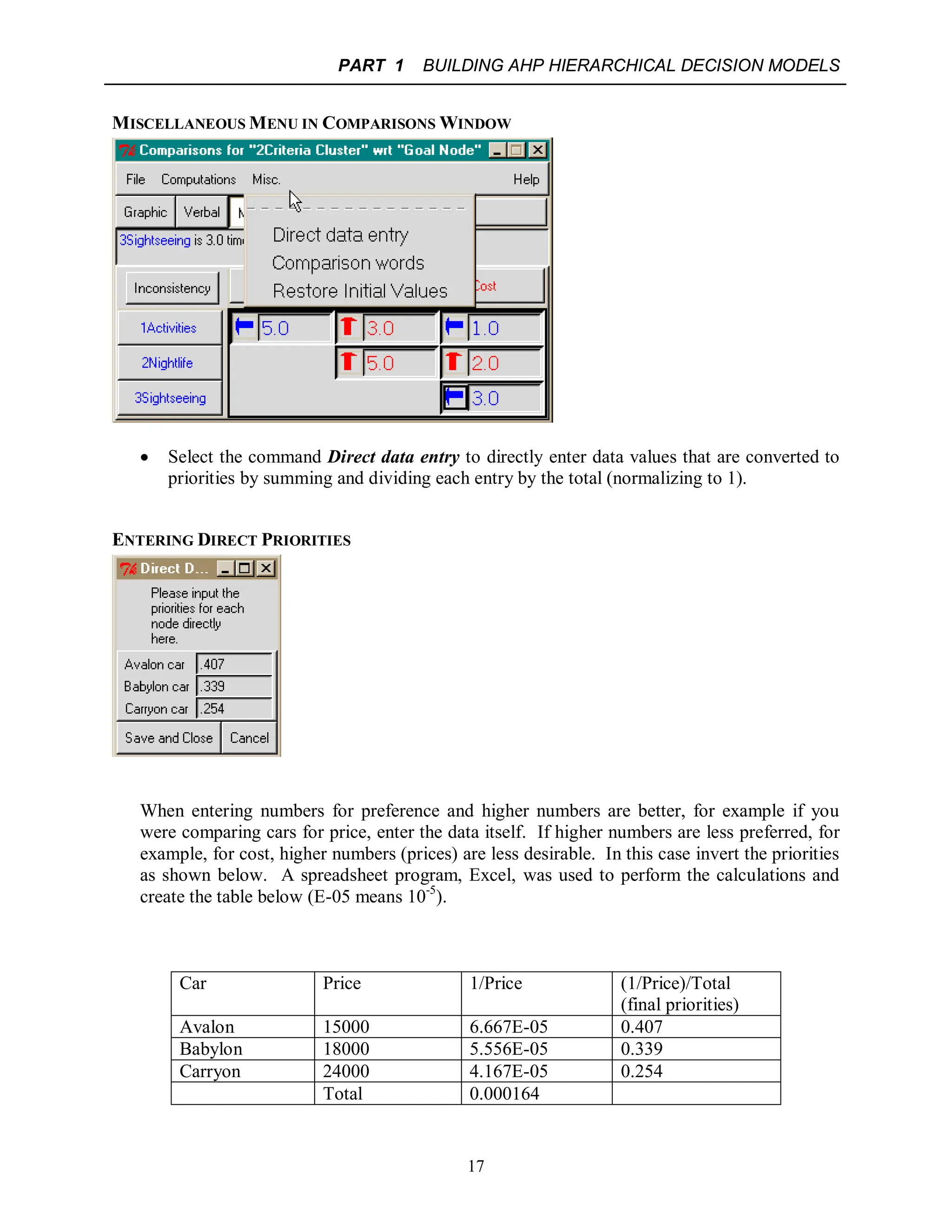 PART 1 BUILDING AHP HIERARCHICAL DECISION MODELS
17
MISCELLANEOUS MENU IN COMPARISONS WINDOW
 Select the command Direct data entry to directly enter data values that are converted to
priorities by summing and dividing each entry by the total (normalizing to 1).
ENTERING DIRECT PRIORITIES
When entering numbers for preference and higher numbers are better, for example if you
were comparing cars for price, enter the data itself. If higher numbers are less preferred, for
example, for cost, higher numbers (prices) are less desirable. In this case invert the priorities
as shown below. A spreadsheet program, Excel, was used to perform the calculations and
create the table below (E-05 means 10-5
).
Car Price 1/Price (1/Price)/Total
(final priorities)
Avalon 15000 6.667E-05 0.407
Babylon 18000 5.556E-05 0.339
Carryon 24000 4.167E-05 0.254
Total 0.000164
 