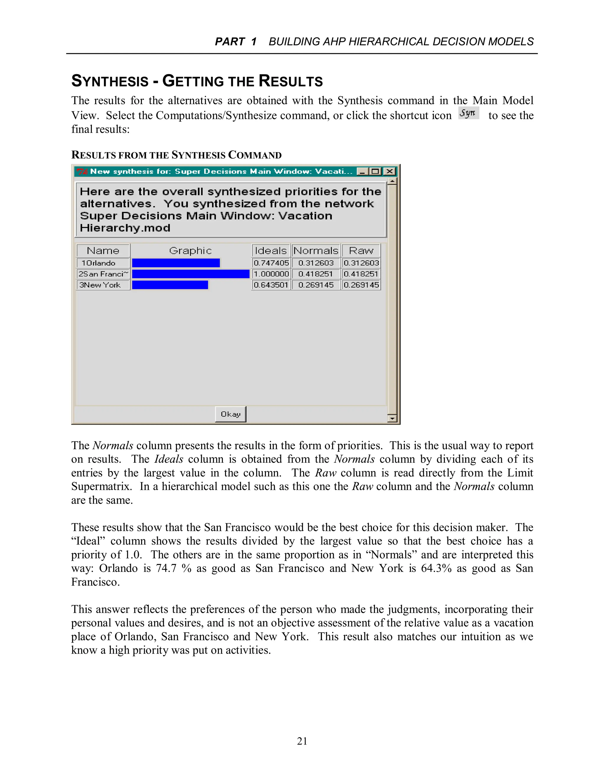 PART 1 BUILDING AHP HIERARCHICAL DECISION MODELS
21
SYNTHESIS - GETTING THE RESULTS
The results for the alternatives are obtained with the Synthesis command in the Main Model
View. Select the Computations/Synthesize command, or click the shortcut icon to see the
final results:
RESULTS FROM THE SYNTHESIS COMMAND
The Normals column presents the results in the form of priorities. This is the usual way to report
on results. The Ideals column is obtained from the Normals column by dividing each of its
entries by the largest value in the column. The Raw column is read directly from the Limit
Supermatrix. In a hierarchical model such as this one the Raw column and the Normals column
are the same.
These results show that the San Francisco would be the best choice for this decision maker. The
“Ideal” column shows the results divided by the largest value so that the best choice has a
priority of 1.0. The others are in the same proportion as in “Normals” and are interpreted this
way: Orlando is 74.7 % as good as San Francisco and New York is 64.3% as good as San
Francisco.
This answer reflects the preferences of the person who made the judgments, incorporating their
personal values and desires, and is not an objective assessment of the relative value as a vacation
place of Orlando, San Francisco and New York. This result also matches our intuition as we
know a high priority was put on activities.
 