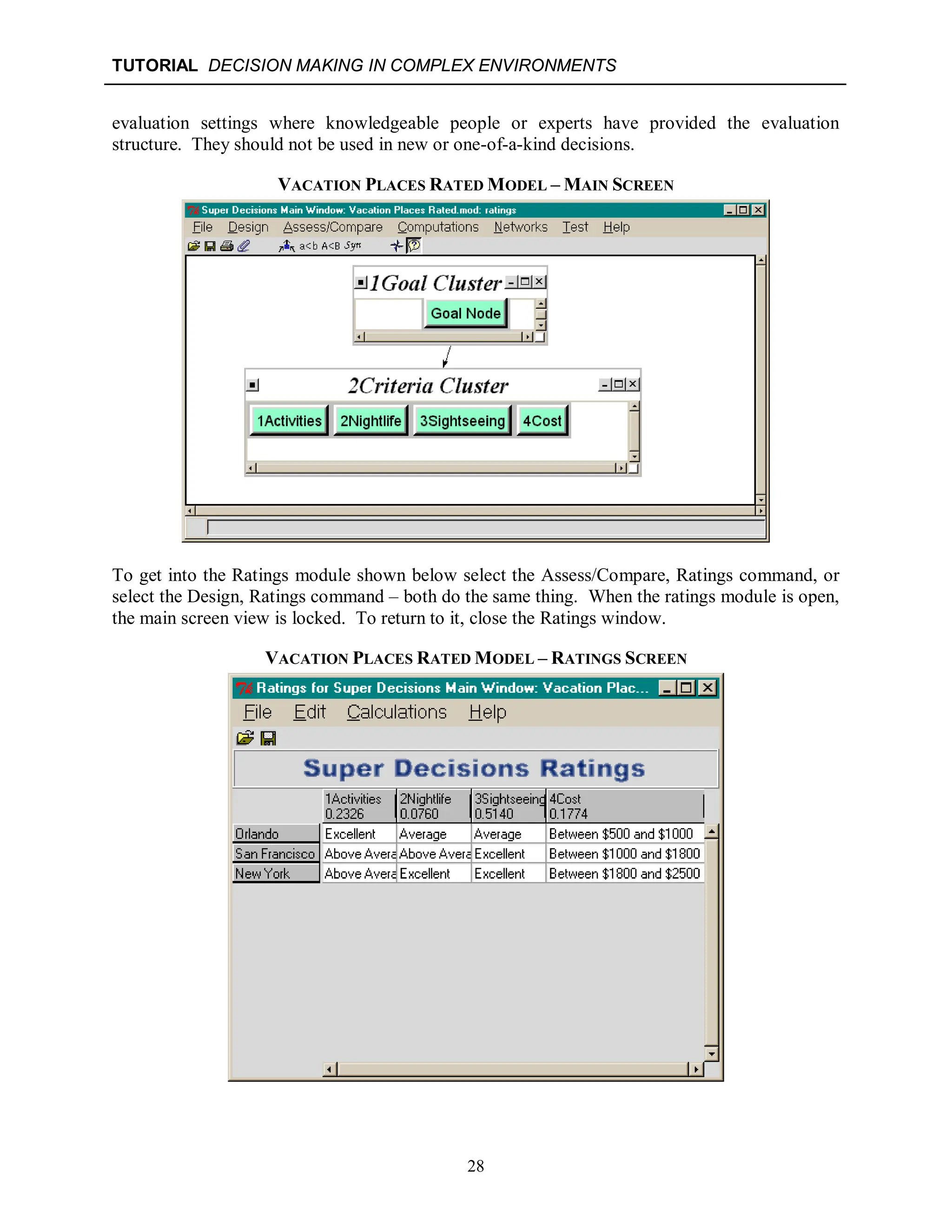 TUTORIAL DECISION MAKING IN COMPLEX ENVIRONMENTS
28
evaluation settings where knowledgeable people or experts have provided the evaluation
structure. They should not be used in new or one-of-a-kind decisions.
VACATION PLACES RATED MODEL – MAIN SCREEN
To get into the Ratings module shown below select the Assess/Compare, Ratings command, or
select the Design, Ratings command – both do the same thing. When the ratings module is open,
the main screen view is locked. To return to it, close the Ratings window.
VACATION PLACES RATED MODEL – RATINGS SCREEN
 