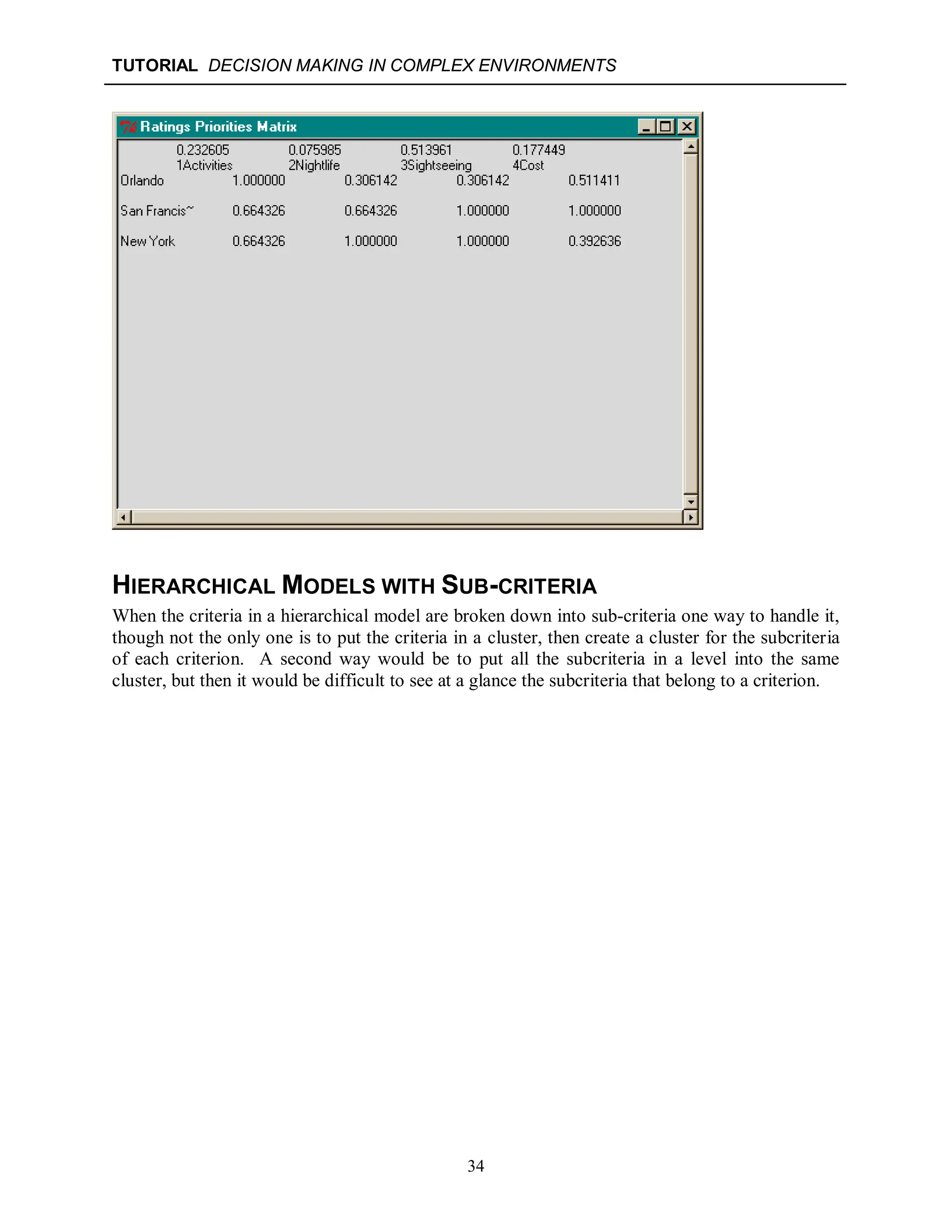 TUTORIAL DECISION MAKING IN COMPLEX ENVIRONMENTS
34
HIERARCHICAL MODELS WITH SUB-CRITERIA
When the criteria in a hierarchical model are broken down into sub-criteria one way to handle it,
though not the only one is to put the criteria in a cluster, then create a cluster for the subcriteria
of each criterion. A second way would be to put all the subcriteria in a level into the same
cluster, but then it would be difficult to see at a glance the subcriteria that belong to a criterion.
 