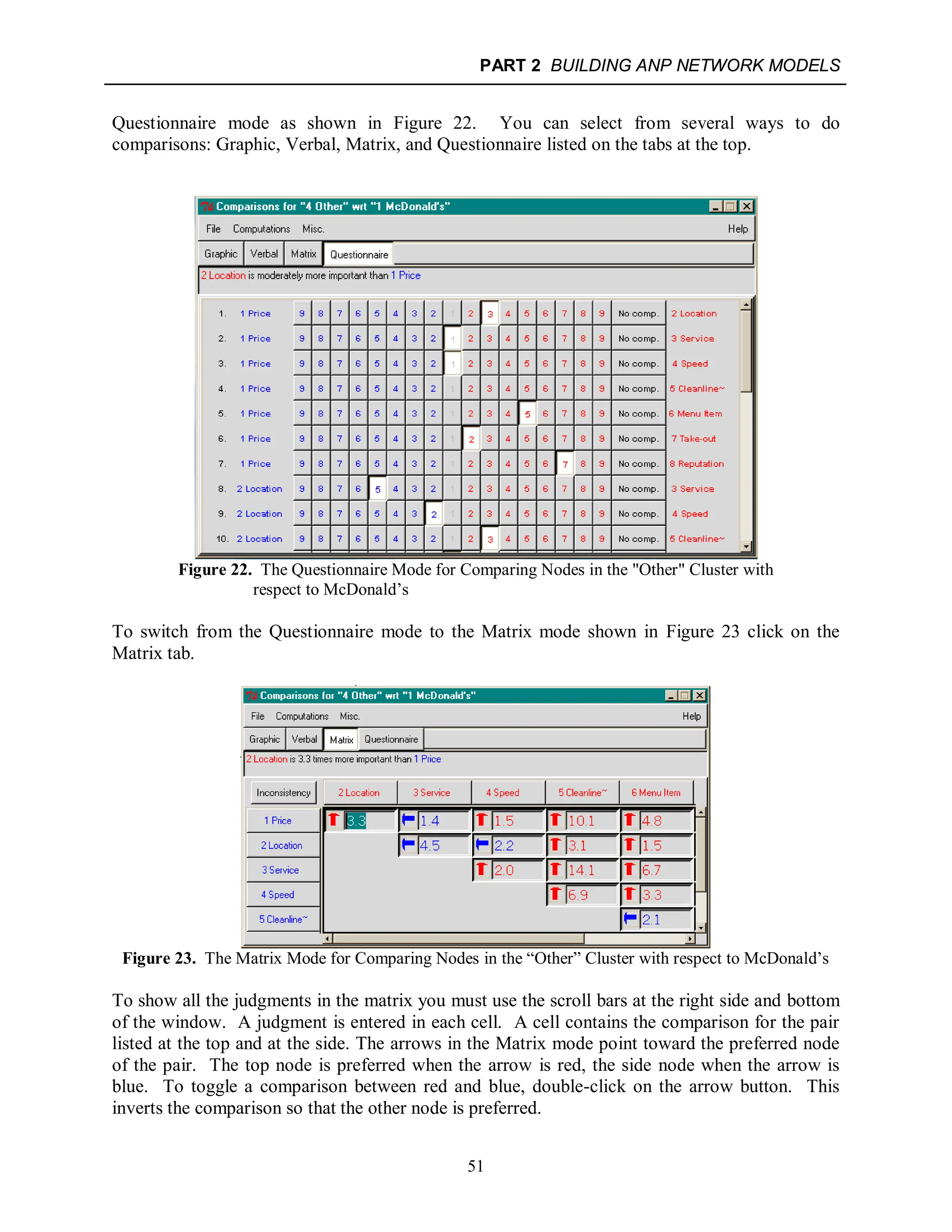 PART 2 BUILDING ANP NETWORK MODELS
51
Questionnaire mode as shown in Figure 22. You can select from several ways to do
comparisons: Graphic, Verbal, Matrix, and Questionnaire listed on the tabs at the top.
Figure 22. The Questionnaire Mode for Comparing Nodes in the "Other" Cluster with
respect to McDonald’s
To switch from the Questionnaire mode to the Matrix mode shown in Figure 23 click on the
Matrix tab.
Figure 23. The Matrix Mode for Comparing Nodes in the “Other” Cluster with respect to McDonald’s
To show all the judgments in the matrix you must use the scroll bars at the right side and bottom
of the window. A judgment is entered in each cell. A cell contains the comparison for the pair
listed at the top and at the side. The arrows in the Matrix mode point toward the preferred node
of the pair. The top node is preferred when the arrow is red, the side node when the arrow is
blue. To toggle a comparison between red and blue, double-click on the arrow button. This
inverts the comparison so that the other node is preferred.
 