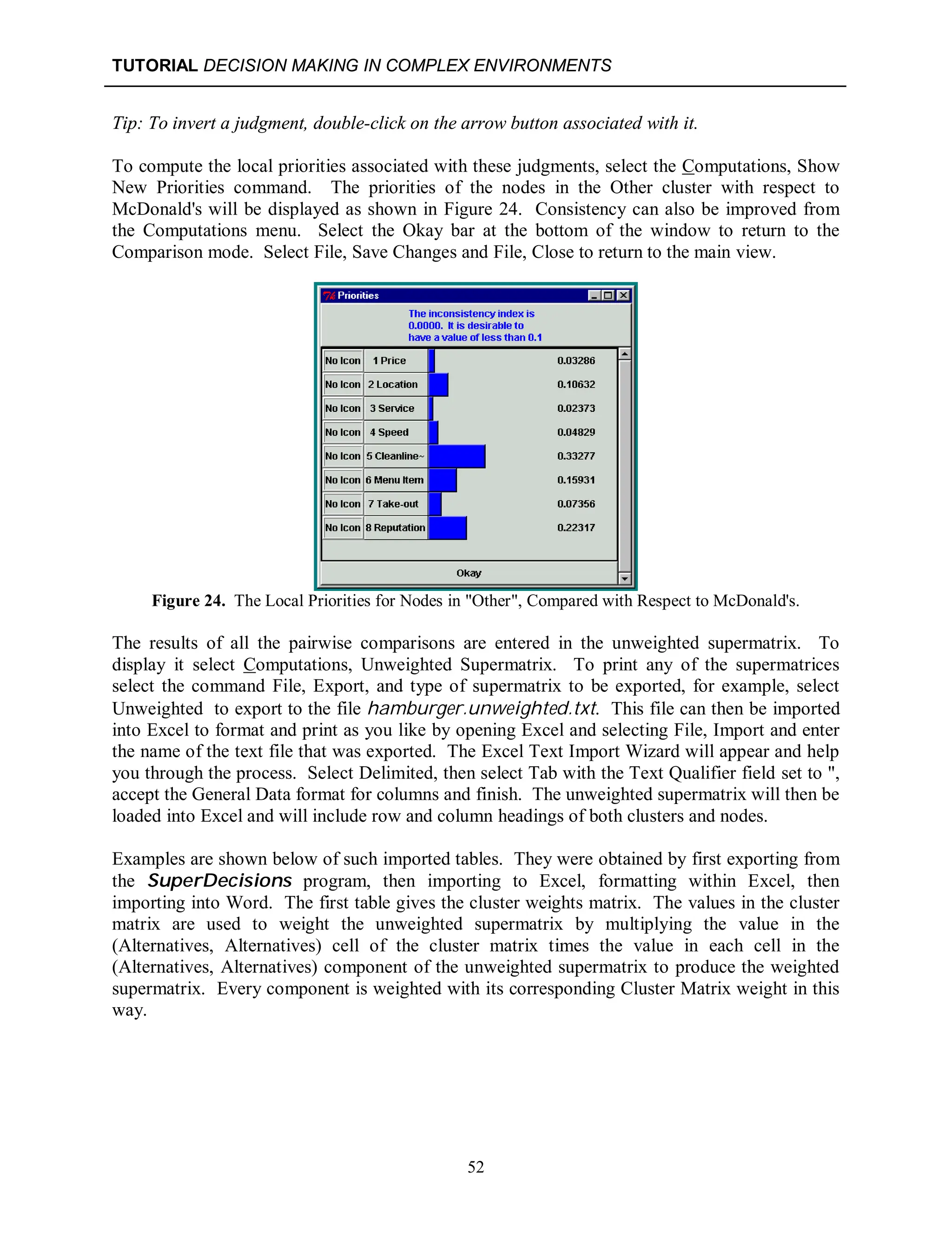 TUTORIAL DECISION MAKING IN COMPLEX ENVIRONMENTS
52
Tip: To invert a judgment, double-click on the arrow button associated with it.
To compute the local priorities associated with these judgments, select the Computations, Show
New Priorities command. The priorities of the nodes in the Other cluster with respect to
McDonald's will be displayed as shown in Figure 24. Consistency can also be improved from
the Computations menu. Select the Okay bar at the bottom of the window to return to the
Comparison mode. Select File, Save Changes and File, Close to return to the main view.
Figure 24. The Local Priorities for Nodes in "Other", Compared with Respect to McDonald's.
The results of all the pairwise comparisons are entered in the unweighted supermatrix. To
display it select Computations, Unweighted Supermatrix. To print any of the supermatrices
select the command File, Export, and type of supermatrix to be exported, for example, select
Unweighted to export to the file hamburger.unweighted.txt. This file can then be imported
into Excel to format and print as you like by opening Excel and selecting File, Import and enter
the name of the text file that was exported. The Excel Text Import Wizard will appear and help
you through the process. Select Delimited, then select Tab with the Text Qualifier field set to ",
accept the General Data format for columns and finish. The unweighted supermatrix will then be
loaded into Excel and will include row and column headings of both clusters and nodes.
Examples are shown below of such imported tables. They were obtained by first exporting from
the SuperDecisions program, then importing to Excel, formatting within Excel, then
importing into Word. The first table gives the cluster weights matrix. The values in the cluster
matrix are used to weight the unweighted supermatrix by multiplying the value in the
(Alternatives, Alternatives) cell of the cluster matrix times the value in each cell in the
(Alternatives, Alternatives) component of the unweighted supermatrix to produce the weighted
supermatrix. Every component is weighted with its corresponding Cluster Matrix weight in this
way.
 