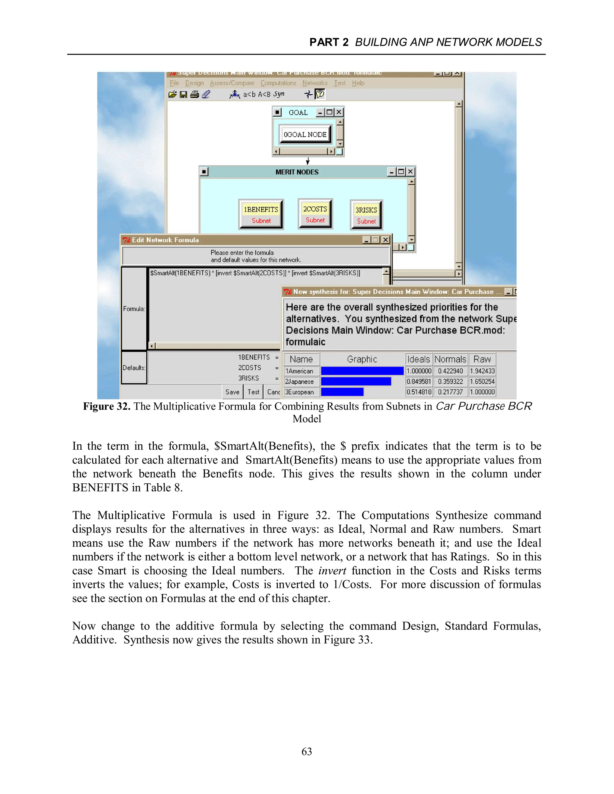 PART 2 BUILDING ANP NETWORK MODELS
63
Figure 32. The Multiplicative Formula for Combining Results from Subnets in Car Purchase BCR
Model
In the term in the formula, $SmartAlt(Benefits), the $ prefix indicates that the term is to be
calculated for each alternative and SmartAlt(Benefits) means to use the appropriate values from
the network beneath the Benefits node. This gives the results shown in the column under
BENEFITS in Table 8.
The Multiplicative Formula is used in Figure 32. The Computations Synthesize command
displays results for the alternatives in three ways: as Ideal, Normal and Raw numbers. Smart
means use the Raw numbers if the network has more networks beneath it; and use the Ideal
numbers if the network is either a bottom level network, or a network that has Ratings. So in this
case Smart is choosing the Ideal numbers. The invert function in the Costs and Risks terms
inverts the values; for example, Costs is inverted to 1/Costs. For more discussion of formulas
see the section on Formulas at the end of this chapter.
Now change to the additive formula by selecting the command Design, Standard Formulas,
Additive. Synthesis now gives the results shown in Figure 33.
 