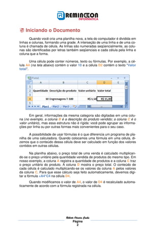 RobRobRobRoberto Oliveira Cunhaerto Oliveira Cunhaerto Oliveira Cunhaerto Oliveira Cunha
Página
2
Iniciando o Documento
Quando você cria uma planilha nova, a tela do computador é dividida em
linhas e colunas, formando uma grade. A interseção de uma linha e de uma co-
luna é chamada de célula. As linhas são numeradas seqüencialmente, as colu-
nas são identificadas por letras também seqüenciais e cada célula pela linha e
coluna que a forma.
Uma célula pode conter números, texto ou fórmulas. Por exemplo, a cé-
lula A4 (na tela abaixo) contém o valor 10 e a célula D2 contém o texto “Valor
total”.
Em geral, informações da mesma categoria são digitadas em uma colu-
na (no exemplo, a coluna B é a descrição do produto vendido; a coluna C é o
valor unitário), mas essa estrutura não é rígida: você pode agrupar as informa-
ções por linha ou por outras formas mais convenientes para o seu caso.
A possibilidade de usar fórmulas é o que diferencia um programa de pla-
nilha de uma calculadora. Quando colocamos uma fórmula em uma célula, di-
zemos que o conteúdo dessa célula deve ser calculado em função dos valores
contidos em outras células.
Na planilha abaixo, o preço total de uma venda é calculado multiplican-
do-se o preço unitário pela quantidade vendida de produtos do mesmo tipo. Em
nosso exemplo, a coluna A registra a quantidade de produtos e a coluna C traz
o preço unitário do produto. A coluna D mostra o preço total. O conteúdo de
cada célula é calculado multiplicando-se os valores da coluna A pelos valores
da coluna C. Para que esse cálculo seja feito automaticamente, devemos digi-
tar a fórmula =A4*C4 na célula D4.
Quando modificamos o valor de A4, o valor de D4 é recalculado automa-
ticamente de acordo com a fórmula registrada na célula.
 