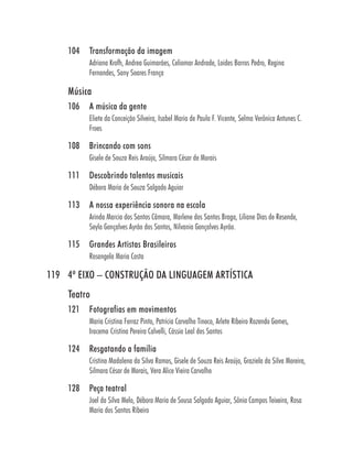 104   Transformação da imagem
          Adriana Krofh, Andrea Guimarães, Celiomar Andrade, Loides Barros Pedro, Regina
          Fernandes, Sany Soares França

    Música
    106   A música da gente
          Eliete da Conceição Silveira, Isabel Maria de Paula F. Vicente, Selma Verônica Antunes C.
          Froes

    108   Brincando com sons
          Gisele de Souza Reis Araújo, Silmara César de Morais

    111   Descobrindo talentos musicais
          Débora Maria de Souza Salgado Aguiar

    113   A nossa experiência sonora na escola
          Arinda Marcia dos Santos Câmara, Marlene dos Santos Braga, Liliane Dias de Resende,
          Seyla Gonçalves Ayrão dos Santos, Nilvania Gonçalves Ayrão.

    115   Grandes Artistas Brasileiros
          Rosangela Maria Costa

119 4º EIXO – CONSTRUÇÃO DA LINGUAGEM ARTÍSTICA
    Teatro
    121   Fotografias em movimentos
          Maria Cristina Ferraz Pinto, Patrícia Carvalho Tinoco, Arlete Ribeiro Rozendo Gomes,
          Iracema Cristina Pereira Calvelli, Cássio Leal dos Santos

    124   Resgatando a família
          Cristina Madalena da Silva Ramos, Gisele de Souza Reis Araújo, Graziela da Silva Moreira,
          Silmara César de Morais, Vera Alice Vieira Carvalho

    128   Peça teatral
          Joel da Silva Melo, Débora Maria de Sousa Salgado Aguiar, Sônia Campos Teixeira, Rosa
          Maria dos Santos Ribeiro
 