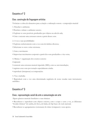 Encontro nº 2

Eixo: construção da linguagem artística
Vivências e coleta de elementos para a criação e ordenação sonora – composição musical
1. Perceber o ambiente:
• Perceber e relatar o ambiente sonoro;
• Explorar os sons possíveis, produzidos por objetos na sala de aula;
• Criar e executar uma estrutura sonora a partir desses sons.

2. A voz e suas possibilidades
• Explorar exclusivamente com a voz sons de timbres diversos;
• Selecionar os sons e criar estruturas.

3. Som e movimento
• Improvisar movimentos corporais a partir dos sons produzidos e vice-versa.

4. Música = organização dos eventos sonoros
Composição:
• construir uma estrutura musical tripartida (ABA), com ou sem introdução;
• registrar esses sons por notação especialmente criada;
• reproduzir (interpretar) as composições.

5. Voz e melodia:
• Reproduzir com a voz uma determinada seqüência de notas tocadas num instrumento
melódico.



Encontro nº 3

Eixos: representação social da arte e comunicação em arte
Alguns gêneros musicais brasileiros e suas rítmicas:
• Reconhecer e reproduzir com objetos sonoros, com o corpo e com a voz, as diferentes
“levadas rítmicas” do samba, do frevo, do baião, do hip-hop e do rock nacional.
• Reconhecer os agrupamentos (estruturas) do ritmo (compasso) e seus apoios.




30 Ensino Fundamental e Ensino Médio
 