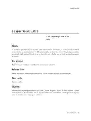 Educação Artística




O ENCONTRO DAS ARTES
                                                 1º Eixo - Representação Social da Arte
                                                 Teatro


Resumo
A partir de apresentação de músicas com temas étnicos brasileiros, o aluno deverá vivenciar
e reconhecer as características de diferentes regiões e etnias do nosso País, compreendendo
a multiplicidade cultural brasileira e produzindo um trabalho que articule as três linguagens
artísticas.

Eixo principal
Representação social da social da arte, comunicação em arte.

Palavras-chave
Etnia, artesanato, danças típicas e comidas típicas, música regional, povo brasileiro.

Nível escolar
Ensino Médio.

Objetivos
Proporcionar a percepção da multiplicidade cultural do país a alunos da rede pública, a partir
da contribuição de diferentes etnias, reconhecendo seus costumes e suas respectivas regiões,
através das diferentes linguagens artísticas.




                                                                                   O encontro das artes 33
 