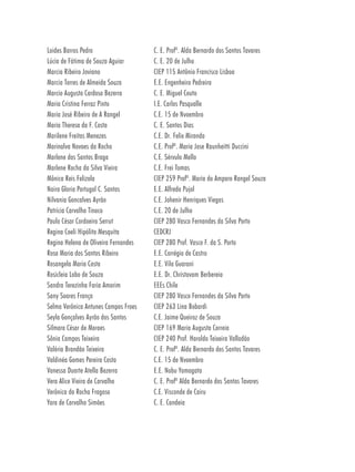 Loides Barros Pedro                   C. E. Profª. Alda Bernardo dos Santos Tavares
Lúcia de Fátima de Souza Aguiar       C. E. 20 de Julho
Marcia Ribeiro Joviano                CIEP 115 Antônio Francisco Lisboa
Marcia Torres de Almeida Souza        E.E. Engenheiro Pedreira
Marcio Augusto Cardoso Bezerra        C. E. Miguel Couto
Maria Cristina Ferraz Pinto           I.E. Carlos Pasqualle
Maria José Ribeiro de A Rangel        C.E. 15 de Nvoembro
Maria Theresa da F. Costa             C. E. Santos Dias
Marilene Freitas Menezes              C.E. Dr. Felix Miranda
Marinalva Novaes da Rocha             C.E. Profª. Maria Jose Raunheitti Duccini
Marlene dos Santos Braga              C.E. Sérvulo Mello
Marlene Rocha da Silva Vieira         C.E. Frei Tomas
Mônica Reis Felizola                  CIEP 259 Profª. Maria do Amparo Rangel Souza
Naira Gloria Portugal C. Santos       E.E. Alfredo Pujol
Nilvania Goncalves Ayrão              C.E. Johenir Henriques Viegas
Patrícia Carvalho Tinoco              C.E. 20 de Julho
Paulo César Cordoeiro Serrut          CIEP 280 Vasco Fernandes da Silva Porto
Regina Coeli Hipólito Mesquita        CEDCRJ
Regina Helena de Oliveira Fernandes   CIEP 280 Prof. Vasco F. da S. Porto
Rosa Maria dos Santos Ribeiro         E.E. Corrégio de Castro
Rosangela Maria Costa                 E.E. Vila Guarani
Rosicleia Lobo de Souza               E.E. Dr. Christovam Berbereia
Sandra Terezinha Faria Amorim         EEEs Chile
Sany Soares França                    CIEP 280 Vasco Fernandes da Silva Porto
Selma Verônica Antunes Campos Froes   CIEP 263 Lina Bobardi
Seyla Gonçalves Ayrão dos Santos      C.E. Jaime Queiroz de Souza
Silmara César de Moraes               CIEP 169 Maria Augusta Correia
Sônia Campos Teixeira                 CIEP 240 Prof. Haroldo Teixeira Valladão
Valéria Brandão Teixeira              C. E. Profª. Alda Bernardo dos Santos Tavares
Valdinéa Gomes Pereira Costa          C.E. 15 de Nvoembro
Vanessa Duarte Atella Bezerra         E.E. Nobu Yamagata
Vera Alice Vieira de Carvalho         C. E. Profª Alda Bernardo dos Santos Tavares
Verônica da Rocha Fragoso             C.E. Visconde de Cairu
Yara de Carvalho Simões               C. E. Candeia
 