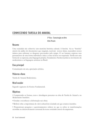 CONHECENDO TARSILA DO AMARAL
                                               2º Eixo - Comunicação em Arte
                                               Artes Visuais

Resumo
Uma sociedade não sobrevive sem memória histórica cultural. A história fez-se “história”
através da análise de documentos que resgatam, reavivam nossos ideais, reacendem nossos
ânimos para enfrentar os desgastes provocados pelo tempo. O ser humano expressa seus
pensamentos de uma forma individual e única e como tal deve ser respeitada. Tarsila tem uma
forma de se expressar, uma linguagem própria. Estudaremos Tarsila inserida no movimento do
modernismo e as linguagens artísticas no Brasil.

Eixo principal
Comunicação em arte, apreciação artística.

Palavras-chave
Tarsila do Amaral, Modernismo.

Nível escolar
Segundo segmento do Ensino Fundamental.

Objetivos
• Compreender as formas, cores e abordagens presentes na obra de Tarsila do Amaral e no
Modernismo brasileiro.
• Estudar e reconhecer a deformação nas obras.
• Reﬂetir sobre a importância do valor cultural da sociedade em que estamos inseridos.
• Proporcionar pesquisas e questionamentos críticos no que se refere às transformações
ocorridas no desenvolvimento estrutural da nossa sociedade através da arquitetura.



80 Ensino Fundamental
 