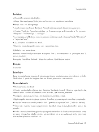 Educação Artística


Conteúdos
a) Conteúdos a serem trabalhados:
• O que foi o movimento Modernista, na literatura, na arquitetura, na música.
• O que vem a ser Antropofagia.
• A deformação na obra de Tarsila do Amaral, releituras através de desenhos, gravuras.
• Estudar Tarsila do Amaral com ênfase em 3 obras em que a deformação se faz presente:
“Abaporu”, “ Antropofagia ”, “A Negra” .
• A semana de Arte Moderna como movimento político e social – obras de Tarsila: “Operários”
e “Segunda Classe”.
• A Arquitetura Modernista no Brasil.
• Elaborar cenas dialogando com a obra e a partir da obra.

b) Relação com outras áreas:
História: contextualização histórica da ruptura com o academicismo e a passagem para o
espaço moderno.
Português: Oswald de Andrade , Mário de Andrade , Raul Bopp e outros.

Duração
1 bimestre

Introdução
Levar reproduções de imagens de pinturas, esculturas, arquitetura, que antecedem ao período
Modernista. A partir das imagens abrir um debate, pontuando características.

Desenvolvimento
• O Modernismo no Brasil.
• Estudo aprofundado sobre as fases da artista Tarsila do Amaral. Observar reproduções da
obra da artista e outros modernistas: Anita Malfatti, Di Cavalcanti, Portinari.
• Comparar a pintura européia e a brasileira (cores, temática social).
• Registro pelos alunos através de pinturas, desenhos, gravuras a partir das obras pesquisadas.
• Elaborar roteiros de cenas a partir da obra Operários e Segunda Classe (Tarsila do Amaral).
• Observar e registrar marcos arquitetônicos da cidade onde moram, limitando o espaço de
atuação.
• Visitas a museus, entrevistas, passeios pelos pontos turísticos da cidade como: esculturas, visita
ao teatro principal da cidade, assistir a um espetáculo em grupo debatendo após, entrevistas
com artistas plásticos, escultores etc.


                                                                           Conhecendo Tarsila do Amaral 81
 