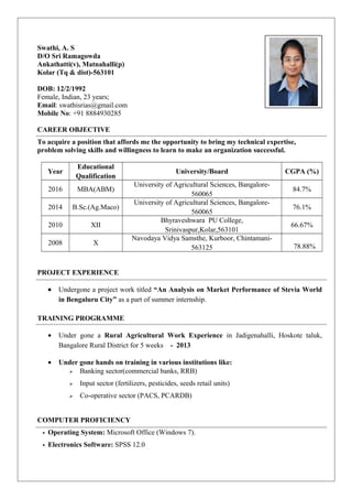 CAREER OBJECTIVE
To acquire a position that affords me the opportunity to bring my technical expertise,
problem solving skills and willingness to learn to make an organization successful.
Year
Educational
Qualification
University/Board CGPA (%)
2016 MBA(ABM)
University of Agricultural Sciences, Bangalore-
560065
84.7%
2014 B.Sc.(Ag.Maco)
University of Agricultural Sciences, Bangalore-
560065
76.1%
2010 XII
Bhyraveshwara PU College,
Srinivaspur,Kolar,563101
66.67%
2008 X
Navodaya Vidya Samsthe, Kurboor, Chintamani-
563125 78.88%
PROJECT EXPERIENCE
• Undergone a project work titled “An Analysis on Market Performance of Stevia World
in Bengaluru City” as a part of summer internship.
TRAINING PROGRAMME
• Under gone a Rural Agricultural Work Experience in Jadigenahalli, Hoskote taluk,
Bangalore Rural District for 5 weeks - 2013
• Under gone hands on training in various institutions like:
 Banking sector(commercial banks, RRB)
 Input sector (fertilizers, pesticides, seeds retail units)
 Co-operative sector (PACS, PCARDB)
COMPUTER PROFICIENCY
 Operating System: Microsoft Office (Windows 7).
 Electronics Software: SPSS 12.0
Swathi, A. S
D/O Sri Ramagowda
Ankathatti(v), Matnahalli(p)
Kolar (Tq & dist)-563101
DOB: 12/2/1992
Female, Indian, 23 years;
Email: swathisrias@gmail.com
Mobile No: +91 8884930285
 