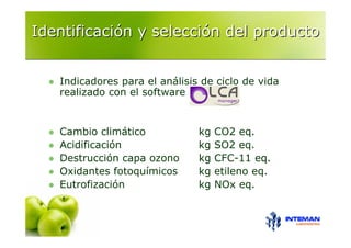 Identificación y selección del producto


   Indicadores para el análisis de ciclo de vida
   realizado con el software


   Cambio climático            kg   CO2 eq.
   Acidificación               kg   SO2 eq.
   Destrucción capa ozono      kg   CFC-11 eq.
   Oxidantes fotoquímicos      kg   etileno eq.
   Eutrofización               kg   NOx eq.
 