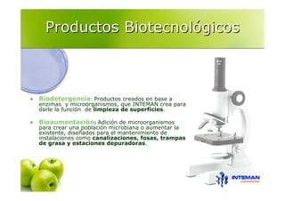 Productos Biotecnológicos



Biodetergencia: Productos creados en base a
enzimas y microorganismos, que INTEMAN crea para
darle la función de limpieza de superficies.

Bioaumentación: Adición de microorganismos
para crear una población microbiana o aumentar la
existente, diseñados para el mantenimiento de
instalaciones como canalizaciones, fosas, trampas
de grasa y estaciones depuradoras.
 