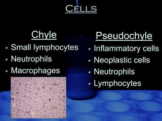 Cells
Chyle

Pseudochyle

Small lymphocytes
Neutrophils
Macrophages

Inflammatory cells
Neoplastic cells
Neutrophils
Lymphocytes

 