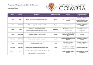 Programa Desportivo de Fim-de-Semana
9 e 10 de Maio
Data Hora Evento Modalidade Local Organizador
9-Maio 9h00 XXXIV Regata Internacional “Queima das Fitas” Remo
Parque Verde do Mondego/Rio
Mondego
Associação Académica de
Coimbra/Federação
Portuguesa de Remo/Câmara
Municipal de Coimbra
9-Maio 9h00/18h00 17º Torneio Rugby Juvenil “Memorial JP” Rugby Estádio Universitário
Associação Académica de
Coimbra
9-Maio 15h00
Olivais FC vs As. Académica Coimbra
Campeonato Nacional 1ª Div Masculina – 2ª fase
Basquetebol
Pavilhão Engº Augusto
Correia, Olivais
Federação Portuguesa de
Basquetebol
9-Maio 15h00/18h00 5º Festival de Natação “CASPAE a Nadar” Natação
Piscinas Municipais Luís Lopes
Conceição, São Martinho do
Bispo
GASPAE
9 e 10-Maio 15h30/19h00 Torneio Nadador Completo - Categorias Natação
Piscinas Municipais Rui Abreu,
Pedrulha
Associação de Natação de
Coimbra
9-Maio 9h00/18h00 Torneio Escolinhas “Briosa” Futebol
Academia da AAC/OAF,
Campos do Bolão
Associação Académica de
Coimbra-OAF
9 e 10-Maio Todo o dia Torneio Futebol Infantil do Esperança Atlético Clube Futebol
Campo do Esperança Atlético
Clube, São Martinho do Bispo
Esperança Atlético Clube
9 de Maio 18h30
Associação Académica Coimbra OAF vs “Os Belenenses”
Liga Portuguesa de Futebol Profissional
Futebol
Estádio Municipal Cidade de
Coimbra
Liga Portuguesa de Futebol
Profissional
 
