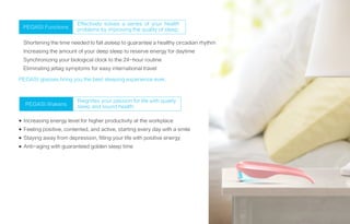 PEGASI glasses bring you the best sleeping experience ever.
Effectively solves a series of your health
problems by improving the quality of sleep:PEGASI Functions
Increasing energy level for higher productivity at the workplace
Feeling positive, contented, and active, starting every day with a smile
Staying away from depression, filling your life with positive energy
Anti-aging with guaranteed golden sleep time
PEGASI Wakens
Reignites your passion for life with quality
sleep and sound health:
Shortening the time needed to fall asleep to guarantee a healthy circadian rhythm
Increasing the amount of your deep sleep to reserve energy for daytime
Synchronizing your biological clock to the 24-hour routine
Eliminating jetlag symptoms for easy international travel
 