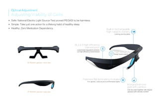 Optical Adjustment
Adjusting Viability of Cells
Safe: National Electric Light Source Test proved PEGASI to be harmless
Simple: Take just one action for a lifelong habit of healthy sleep
Healthy: Zero Medication Dependency
PEGASI glasses—front view
PEGASI glasses—side view
BLE4.0 high efficiency
transmission
Built-in rechargeable
high capacity battery
Lasting and durable
customized regulation protocol
via high efficiency transmission High sensitivity
Smart touch switch
Patented flat laminating modules
For gentle, natural and comfortable lights
Integratednose
pad with camber
Can be used together with regular
glasses with ultimate comfort
 