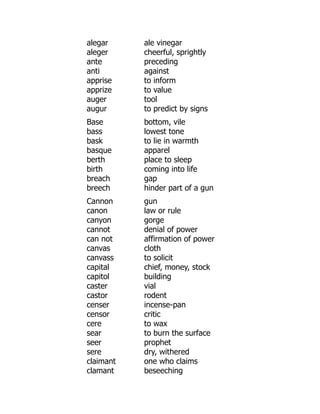 alegar ale vinegar
aleger cheerful, sprightly
ante preceding
anti against
apprise to inform
apprize to value
auger tool
augur to predict by signs
Base bottom, vile
bass lowest tone
bask to lie in warmth
basque apparel
berth place to sleep
birth coming into life
breach gap
breech hinder part of a gun
Cannon gun
canon law or rule
canyon gorge
cannot denial of power
can not affirmation of power
canvas cloth
canvass to solicit
capital chief, money, stock
capitol building
caster vial
castor rodent
censer incense-pan
censor critic
cere to wax
sear to burn the surface
seer prophet
sere dry, withered
claimant one who claims
clamant beseeching
 