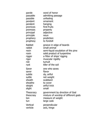 parole word of honor
passable admitting passage
passible unfeeling
pendant ornament
pendent hanging
premices first-fruits
premises property
principal adjective
principle noun
prophecy prediction
prophesy to foretell
Rabbet groove in edge of boards
rabbit small animal
resin semi-liquid exudation of the pine
rosin solid product of turpentine
rigger a fitter of ships’ rigging
rigor muscular rigidity
riot tumult
ryot tiller of the soil
Saver one who saves
savor flavor
subtle sly, artful
suttle net weight
sheath scabbard
sheathe to cover
sleight artful trick
slight small
Theocracy government by direction of God
theocrasy mixture of worship of different gods
ton measure of weight
tun large cask
Vertical perpendicular
verticle axis, hinge
 