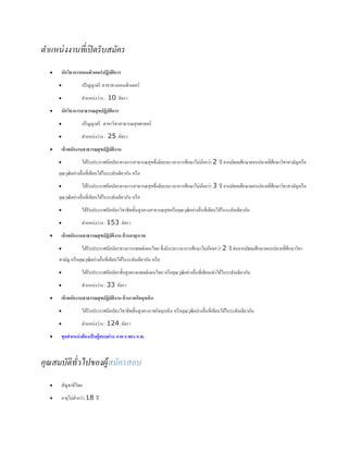 ตำแหน่งงำนที่เปิดรับสมัคร
 นักวิชาการคอมพิวเตอร์ปฏิบัติการ
 ปริญญาตรี สาขาทางคอมพิวเตอร์
 ตาแหน่งว่าง : 10 อัตรา
 นักวิชาการสาธารณสุขปฏิบัติการ
 ปริญญาตรี สาขาวิชาสาธารณสุขศาสตร์
 ตาแหน่งว่าง : 25 อัตรา
 เจ้าพนักงานสาธารณสุขปฏิบัติงาน
 ได้รับประกาศนียบัตรทางการสาธารณสุขซึ่งมียะยะเวลาการศึกษาไม่น้อยว่า 2 ปี จากมัธยมศึกษาตอนปลายที่ศึกษาวิชาสามัญหรือ
คุณวุฒิอย่างอื่นที่เทียบได้ในระดับเดียวกัน หรือ
 ได้รับประกาศนียบัตรทางการสาธารณสุขซึ่งมียะยะเวลาการศึกษาไม่น้อยว่า 3 ปี จากมัธยมศึกษาตอนปลายที่ศึกษาวิชาสามัญหรือ
คุณวุฒิอย่างอื่นที่เทียบได้ในระดับเดียวกัน หรือ
 ได้รับประกาศนียบัตรวิชาชีพชั้นสูงทางสาธารณสุขหรือคุณวุฒิอย่างอื่นที่เทียบได้ในระดับเดียวกัน
 ตาแหน่งว่าง : 153 อัตรา
 เจ้าพนักงานสาธารณสุขปฏิบัติงาน ด้านอายุรเวท
 ได้รับประกาศนียบัตรทางการแพทย์แผนไทย ซึ่งมีระยะเวลาการศึกษาไม่น้อยกว่า 2 ปี ต่อจากมัธยมศึกษาตอนปลายที่ศึกษาวิชา
สามัญ หรือคุณวุฒิอย่างอื่นที่เทียบได้ในระดับเดียวกัน หรือ
 ได้รับประกาศนียบัตรชั้นสูงทางแพทย์แผนไทย หรือคุณวุฒิอย่างอื่นที่เทียบเท่าได้ในระดับเดียวกัน
 ตาแหน่งว่าง : 33 อัตรา
 เจ้าพนักงานสาธารณสุขปฏิบัติงาน ด้านเวชกิจฉุกเฉิน
 ได้รับประกาศนียบัตรวิชาชีพชั้นสูงทางเวชกิจฉุกเฉิน หรือคุณวุฒิอย่างอื่นที่เทียบได้ในระดับเดียวกัน
 ตาแหน่งว่าง : 124 อัตรา
 ทุกตาแหน่งต้องเป็นผู้สอบผ่าน ภาค ก.ของ ก.พ.
คุณสมบัติทั่วไปของผู้สมัครสอบ
 สัญชาติไทย
 อายุไม่ต่ากว่า 18 ปี
 