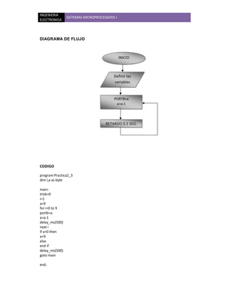 INGENIERIA
                SISTEMAS MICROPROCESADOS I
ELECTRONICA



DIAGRAMA DE FLUJO



                                             INICIO



                                        Definir las
                                        variables



                                        PORTB=a
                                         a=a-1




                                    RETARDO 0.5 SEG.




CODIGO

program Practica2_3
dim i,a as byte

main:
trisb=0
i=1
a=9
for i=0 to 9
portb=a
a=a-1
delay_ms(500)
next i
if a=0 then
a=9
else
end if
delay_ms(500)
goto main

end.
 