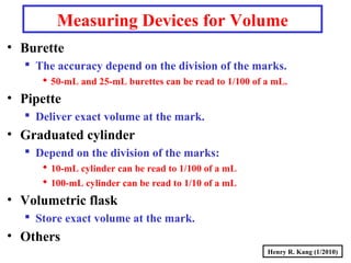 Henry R. Kang (1/2010)
Measuring Devices for Volume
• Burette
 The accuracy depend on the division of the marks.
 50-mL and 25-mL burettes can be read to 1/100 of a mL.
• Pipette
 Deliver exact volume at the mark.
• Graduated cylinder
 Depend on the division of the marks:
 10-mL cylinder can be read to 1/100 of a mL
 100-mL cylinder can be read to 1/10 of a mL
• Volumetric flask
 Store exact volume at the mark.
• Others
 