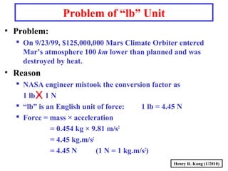 Henry R. Kang (1/2010)
Problem of “lb” Unit
• Problem:
 On 9/23/99, $125,000,000 Mars Climate Orbiter entered
Mar’s atmosphere 100 km lower than planned and was
destroyed by heat.
• Reason
 NASA engineer mistook the conversion factor as
1 lb = 1 N
 “lb” is an English unit of force: 1 lb = 4.45 N
 Force = mass × acceleration
= 0.454 kg × 9.81 m/s2
= 4.45 kg.m/s2
= 4.45 N (1 N = 1 kg.m/s2
)
 