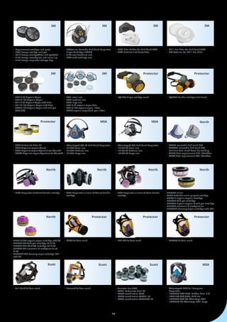 13
•	 Replacement catridges and parts
•	 5002 Escape catridge acid gas
•	 5012 Escape catridge/filter acid gas/N95
•	 510E Escape mouthpiece and noise clip
•	 513E Escape respirator storage bag
3M
•	 3000series Reusable Half Mask Respirator	
	 Single Cartridge ( KMOL)
•	 3100 small/medium size
•	 3200 medium/large size
3M
•	 3700 Filter Holder for Half Mask 3200
•	 3744 Particles (1st Class) filter
•	 7711 Pre-Filter For Half Mask 3200
•	 774 Retainer For 7711 Pre-Filter
3M 3M
•	 3301K-55 Organic Vapor
•	 3301K-100 Organic Vapor
•	 3311K-55 Organic Vapor with filter
•	 3311K-100 Organic Vapor with filter
•	 3303K-100 Organic Vapor and acid gas 	
	 (SO2,CL2)
•	 7701 small size
•	 7702 medium size
•	 7703 large size
•	 7001K-55 organic vapor,55cc
•	 7001K-100 organic vapor, 100cc
•	 7007K organic vapor/acid gas, 100cc
3M 3M
•	 RQ1000 Single catridge mask
Protector
•	 RQ2000 Double catridges half mask
Protector
Protector
•	 RC64 Particulate filter P2
•	 RC56 Organics vapour A(aus)
•	 RC69 Organics vapour&particulate A(aus)P1
•	 RC80A Organics vapour&particulate A(aus)P2
•	 Advantage® 200 LS Half-Mask Respirator
•	 815696 Small size
•	 815692 Medium size
•	 815700 Large size
•	 Advantage® 420 Half-Mask Respirator
•	 10102182 Small size
•	 10102183 Medium size
•	 10102184 Large size
MSA MSA
•	 5500 Respirator halfmask double catridge
•	 4200M reuseable half mask N95
•	 4200WM reuseable half mask N95 	 	
	 stainless steel mesh front, for welding
•	 42N95 filter replacement N95, 20ea/box
•	 42R99 filter replacement R99, 20ea/box
North
North
•	 7600 Respirator silicone fullface double 	
	 catridge
•	 7700 Respirator silicone halfmask double 	
	 catridge
•	 N75000L series
•	 75SCL defender multi purpose catridge
•	 N75001L organic vapour cartridge
•	 N75002L Acid gas cartridge
•	 N75003L organic vapour & acid gas cartridge
•	 N75004L ammonia & methylamine
•	 N750052L Mercury vapor cartridge with ESLI
•	 N7581P100L organic vapor cartridge w/P100
•	 N7582P100L Acid gas cartridge w/ P100
•	 N7583P100L OV & AG cartridge w/ P100
•	 N7584P100L ammonia & methylamine w/	
	 P100
•	 N75852P100L Mercury vapor cartridge ESLI 	
	 w/P100
North North North
North
•	 RFF60 fullface mask
Protector
•	 RFF4000 fullface mask•	 RFF1000 fullface mask
ProtectorProtector
•	 Sari Mask fullface mask
Scott
•	 Canester Pro 2000
•	 RC251 Particulate filter P3
•	 RC220 combination A2P3
•	 RC224 combination A2B2E1-P3
•	 RC233 combination A2B2E2K2-P3
•	 Promask fullface mask
ScottScott
•	 Advantage® 3200 full-facepiece            	
	 Respirator
•	 10028996 ADV 3200, Rubber harn. S,M
•	 10031309 ADV 3200, Medium
•	 10027726 ADV VM Advantage 3221
•	 10027728 VM Advantage 3231 Large
MSA
 