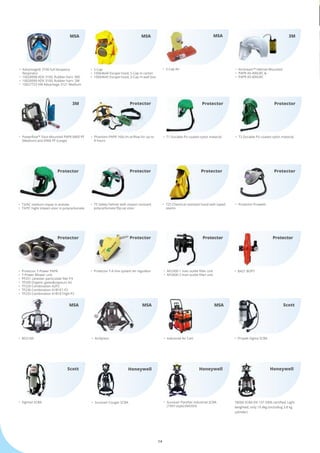 14
•	 Advantage® 3100 full-facepiece 	 	
	 Respirator
•	 10028998 ADV 3100, Rubber harn. MD
•	 10028999 ADV 3100, Rubber harn. SM
•	 10027723 VM Advantage 3121 Medium
MSA
•	 S-Cap
•	 10064644 Escape hood, S-Cap in carton
•	 10064645 Escape hood, S-Cap in wall box
MSA
•	 AFU300 1 man outlet filter unit
•	 AFU600 2 man outlet filter unit
•	 BA21 BOPT
•	 Propak-Sigma SCBA
•	 Sigma2 SCBA
Scott
Scott
•	 T5 Safety helmet with impact resistant	
	 polycarbonate flip-up visor
•	 Protector T-A line system air regulator
•	 T2 Durable PU coated nylon material•	 Phantom PAPR 160L/m airflow for up to 	
	 8 hours
•	 T1 Durable PU coated nylon material
•	 T25 Chemical resistant hood with taped 	
	 seams
•	 T3/AC medium impat in acetate
•	 T3/PC hight impact visor in polycarbonate
•	 Protector T-Power PAPR
•	 T-Power Blower unit
•	 PF251 canester particulate filer P3
•	 TF200 Organic gases&vapours A2
•	 TF220 Combination A2P2
•	 TF230 Combination A1B1E1-P2
•	 TF233 Combination A1B1E1HgK-P2
•	 Protector Proweld
Protector
Protector
Protector
ProtectorProtector Protector
Protector
Protector
Protector
•	 AirXpress•	 BD2100
MSAMSA
•	 S-Cap Air
•	 Industrial Air Cart
MSA
Protector Protector
MSA
•	 Survivair Cougar SCBA •	 Survivair Panther Industrial SCBA 	 	
	 (1997-style) (NIOSH)
Honeywell Honeywell
T8000 SCBA EN 137-2006 certified, Light
weighted, only 10.4kg (including 3.8 kg
cylinder)
Honeywell
•	 Airstream™ Helmet-Mounted
•	 PAPR AS-400LBC &
•	 PAPR AS-600LBC
3M
•	 Powerflow™ Face-Mounted PAPR 6800 PF 	
	 (Medium) and 6900 PF (Large)
3M
 