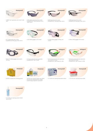 7
•	 A900 Spectacles Anti scratch
•	 Available lens:Clear,grey, silver mirror
•	 SACF34 Lens cleaner bottles only 200ml
•	 SACT34 Lens cleaning tissue 120/pk
•	 SASH34 Spray head for use SACF34
•	 VL1-A Spectacles Anti scratch
•	 Available lens:Clear,grey, silver mirror
•	 LG20 Safety goggles, anti-scratch
•	 S10 basic polycarbonate spectacles
•	 Available lens: clear, smoke
•	 S20 trendy polycarbonate spectacles, 	
	 anti scratch w/ string
•	 Available lens: clear,smoke, IO, IOM
•	 SACS34 complete lens cleaning station
•	 LG100A Safety goggles Antifog, anti     	
	 scratch
•	 100002 Over spectacles anti-scratch 	clear 	
	 lens
•	 A700 Safety spectacles Anti scratch
•	 Available lens: Clear,Grey,blue mirror, 	
	 silver mirror
•	 A800 Spectacles Anti scatch
•	 Available lens: Clear,grey,silver mirror
Honeywell
Honeywell
Safegard Safegard
Honeywell
Honeywell HoneywellHoneywell
Honeywell
ProtectorProtector
•	 1011379 Lens cleaning tissues (500)
•	 Maxx Pro Safety goggles anti-scratch, 	
	 anti-fog
•	 1011380 Lens cleaning disposable station
•	 V-Maxx Safety goggles anti-scratch
•	 S29 sporty polycarbonate spectacles, 	
	 anti scratch w/ string
•	 Available lens: clear, smoke, IO, IOM
•	 1011378 Lens cleaning solution 500ml 	
	 spray bottle
Honeywell
Honeywell
Honeywell Safegard
Honeywell
Honeywell
 