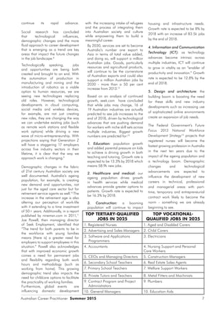 Australian Career Practitioner Summer 2015 7
housing and infrastructure needs.
Growth rate is expected to be 8% by
2018 with an increase of 83.5k jobs
by the end of 2018.
4. Information and Communication
Technology (ICT): as technology
advances become intrinsic across
multiple industries, ICT will continue
to grow in vitality as an “enabler of
productivity and innovation.” Growth
rate is expected to be 12.8% by the
end of 2018.
5. Design and architecture: the
building boom is boosting the need
for these skills and new industry
developments such as increasing use
of sophisticated online environments
create an expansion of job needs.
The Federal Government’s Future
Focus 2013 National Workforce
Development Strategy14
projects that
registered nurses will become the
fastest growing profession in Australia
in the next ten years due to the
impact of the ageing population and
a technology boom. Demographic
changes and technological
advancements are expected to
influence the development of new
careers in technical, professional
and managerial areas with part-
time, temporary and entrepreneurial
contract work likely to become the
norm - something we are already
beginning to see.
with the increasing intake of refugees
and the process of integrating them
into Australian society and culture
while empowering them to build a
meaningful career.
By 2030, services are set to become
Australia’s number one export to
Asia in terms of total value added,
and doing so, will support a million
Australian jobs. Goods, particularly
resources and agricultural products,
will continue to be the cornerstone
of Australian exports and could also
support a million Australian jobs by
2030 - more than a 50 per cent
increase from 2013.12
Based on an analysis of continued
growth, seek.com have concluded
that while jobs may change, 16 of
19 Australian industries are actually
predicted to see job increases to the
end of 2018, driven by technological
advances that are pushing demand
for workers with niche skill sets across
multiple industries. Biggest growth
numbers are predicted for:13
1. Education: population growth
and added parental pressure on kids
to achieve is driving growth in both
teaching and tutoring. Growth rate is
expected to be 13.3% by 2018 which
means 58.9k new jobs.
2. Healthcare and medical: our
ageing population drives growth
in health services while medical
advances provide greater options to
patients. Growth rate is expected to
be 16.3% by 2018.
3. Construction: a booming
population will continue to impact
continue its rapid advance.
Social research has concluded
that technological influences,
demographic changes and the more
fluid approach to career development
that is emerging as a trend are key
areas that impact the future changes
in the job landscape.8
Technologically speaking, jobs
and opportunities are being both
created and brought to an end. With
the automation of production in
manufacturing and mining and the
introduction of robotics as a viable
option to human resources, we are
seeing new technologies replacing
old roles. However, technological
developments in cloud computing,
social media and wireless devices,
for example, are not just creating
new roles, they are changing the way
we can undertake existing jobs (such
as remote work stations and flexible
work options) while driving a new
wave of micro-entrepreneurship. With
projections saying that Generation Z
will have a staggering 17 employers
across five industry sectors in their
lifetime, it is clear that the way we
approach work is changing.9
Demographic changes in the fabric
of 21st century Australian society are
well documented. Australia’s ageing
population, for example, is creating
new demand and opportunities, not
just for the aged care sector but for
retirement service agents as well.10
The
increase in the retirement age is also
altering our perception of work-life
with it extending to a time investment
of 50+ years. Additionally, in a report
published by ninemsn.com in 2011,11
Joe Powell, then managing director
of Seek Employment, identified that
“The trend for both parents to be in
the workforce with young families
means [there is] a greater need for
employers to support employees in this
situation.” Powell also acknowledges
that with improved economic growth
comes a need for permanent jobs
and flexibility regarding both work
hours and methodology (such as
working from home). This growing
demographic trend also impacts the
need for childcare options to facilitate
the practicality of working families.	
Furthermore, global events are
influencing domestic development
TOP TERTIARY-QUALIFIED
JOBS IN 2025
TOP VOCATIONAL-
QUALIFIED JOBS IN 2025
1. Registered Nurses 1. Aged and Disabled Carers
2. Advertising and Sales Managers 2. Child Carers
3. Software and Applications
Programmers
3. Electricians
4. Accountants 4. Nursing Support and Personal
Care Workers
5. CEOs and Managing Directors 5. Construction Managers
6. Secondary School Teachers 6. Real Estate Sales Agents
7. Primary School Teachers 7. Welfare Support Workers
8. Private Tutors and Teachers 8. Metal Fitters and Machinists
9. Contract Program and Project
Administrators
9. Plumbers
10. General Managers 10. Education Aids
 