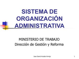 Jose David Arzabe Armijo 1
SISTEMA DE
ORGANIZACIÓN
ADMINISTRATIVA
MINISTERIO DE TRABAJO
Dirección de Gestión y Reforma
 