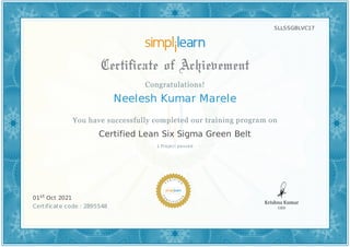 SLLSSGBLVC17
Neelesh Kumar Marele
1 Project passed
Certified Lean Six Sigma Green Belt
01st Oct 2021
Certificate code : 2895548
 