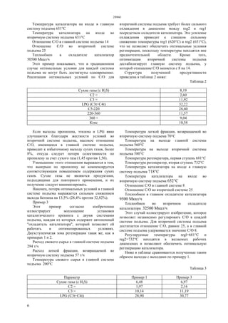 28960
6
Температура катализатора на входе в главную
систему подъема 651°С
Температура катализатора на входе во
вторичную систему подъема 651°С
Отношение С/О в главной системе подъема 14
Отношение С/О во вторичной системе
подъема 25
Теплообмен в охладителе катализатор
50500 Мкал/ч
Этот пример показывает, что в традиционном
случае оптимальные условия для каждой системы
подъема не могут быть достигнуты одновременно.
Реализация оптимальных условий по С/О для
вторичной системы подъема требует более сильного
охлаждения в диапазоне между reg2 и reg1
посредством охладителя катализатора. Это усиление
охлаждения приводит к слишком сильному
снижению температуры reg1 (620°С) и reg2 (651°С),
что не позволяет обеспечить оптимальные условия
регенерации, поскольку температуры находятся вне
предпочтительной области. Кроме того,
оптимизация вторичной системы подъема
дестабилизирует главную систему подъема, у
которой отношение С/О меняется с 8 на 14.
Структура полученной продуктивности
приведена в таблице 2 ниже:
Таблица 2
Сухие газы (с H2S) 8,19
C2 = 2,60
C3 = 11,92
LPG (C3t+C4t) 32,22
C5-220 28,40
220-360 11,57
360 + 9,04
Кокс 10,58
Если выходы пропилена, этилена и LPG явно
улучшаются благодаря жесткости условий во
вторичной системе подъема, высокое отношение
С/О, имеющееся в главной системе подъема,
приводит к избыточному выходу сухих газов, более
8%, откуда следует потеря селективности по
пропилену за счет сухого газа (1,45 против 1,56).
Уменьшение этого отношения выражается в том,
что выигрыш по пропилену не компенсируется
соответствующим повышением содержания сухих
газов. Сухие газы не являются продуктами,
подходящими для повторного применения, и их
получение следует минимизировать.
Наконец, потеря оптимальных условий в главной
системе подъема выражается сильным снижением
выхода бензина на 13,5% (28,4% против 32,82%).
Пример 3
Этот пример согласно изобретению
иллюстрирует воплощение установки
каталитического крекинга с двумя системами
подъема, каждая из которых содержит автономный
"охладитель катализатора", который позволяет ей
работать в оптимизированных условиях.
Двухступенчатая зона регенерации такая же, как в
примерах 1 и 2.
Расход свежего сырья в главной системе подъема
294 т/ч
Расход легкой фракции, возвращаемой во
вторичную систему подъема 57 т/ч
Температура свежего сырья в главной системе
подъема 200°С
Температура легкой фракции, возвращаемой во
вторичную систему подъема 70°С
Температура на выходе главной системы
подъема 560°С
Температура на выходе вторичной системы
подъема 580°С
Температура регенератора, первая ступень 681°С
Температура регенератор, вторая ступень 732°С
Температура катализатора на входе в главную
систему подъема 718°С
Температура катализатора на входе во
вторичную систему подъема 652°С
Отношение С/О в главной системе 8
Отношение С/О во вторичной системе 25
Теплообмен в главном охладителе катализатора
9500 Мкал/ч
Теплообмен во вторичном охладителе
катализатора 32500 Мкал/ч
Этот случай иллюстрирует изобретение, которое
позволяет независимо регулировать С/О в каждой
системе подъема. Для вторичной системы подъема
достигается отношение С/О, равное 25, а в главной
системе подъема удерживается значение С/О 8.
Регулируемые температуры regl=681°C и
reg2=732°C находятся в желаемых рабочих
диапазонах и позволяют обеспечить оптимальную
регенерацию катализатора.
Ниже в таблице сравниваются полученные таким
образом выходы с выходами по примеру 1.
Таблица 3
Параметр Пример 1 Пример 3
Сухие газы (с H2S) 6,48 6,97
C2 = 1,97 2,16
C3 = 10,14 11,19
LPG (C3t+C4t) 28,90 30,77
 