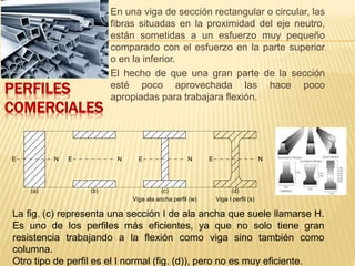 PERFILES
COMERCIALES
En una viga de sección rectangular o circular, las
fibras situadas en la proximidad del eje neutro,
están sometidas a un esfuerzo muy pequeño
comparado con el esfuerzo en la parte superior
o en la inferior.
El hecho de que una gran parte de la sección
esté poco aprovechada las hace poco
apropiadas para trabajara flexión.
E N E N E N E N
(a) (b) (c) (d)
Viga ala ancha perfil (w) Viga I perfil (s)
La fig. (c) representa una sección I de ala ancha que suele llamarse H.
Es uno de los perfiles más eficientes, ya que no solo tiene gran
resistencia trabajando a la flexión como viga sino también como
columna.
Otro tipo de perfil es el I normal (fig. (d)), pero no es muy eficiente.
 