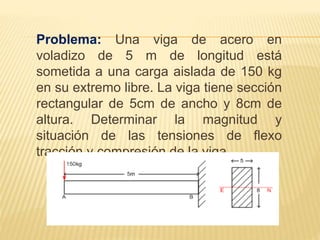 Problema: Una viga de acero en
voladizo de 5 m de longitud está
sometida a una carga aislada de 150 kg
en su extremo libre. La viga tiene sección
rectangular de 5cm de ancho y 8cm de
altura. Determinar la magnitud y
situación de las tensiones de flexo
tracción y compresión de la viga.
 