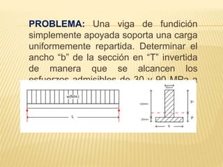 PROBLEMA: Una viga de fundición
simplemente apoyada soporta una carga
uniformemente repartida. Determinar el
ancho “b” de la sección en “T” invertida
de manera que se alcancen los
esfuerzos admisibles de 30 y 90 MPa a
tensión y compresión respectivamente.
 