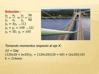 Solución :
𝑦𝑡
𝑦𝑐
=
𝜎𝑡
𝜎𝑐
⇒
𝑦𝑡
𝑦𝑐
=
30
90
𝑦𝑐 = 3𝑦𝑡 … 1
𝑦𝑡 + 𝑦𝑐 = 140 … 2
𝑦𝑡 = 35; 𝑦𝑐 = 105
Tomando momentos respecto al eje X:
𝐴 𝑦 = Σay
120𝑥20 + 𝑏𝑥20 𝑦𝑡 = 120𝑥20 20 + 60 + 𝑏𝑥20 10
𝑏 = 216𝑚𝑚
 