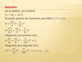 Solución:
De la estática, por simetría:
𝑅 𝐴 = 𝑅 𝐵 = 𝑤𝐿/4
Ecuación general de momentos para AB(0 ≤ 𝑋 ≤ 𝐿/2)
𝑀 =
𝑤𝐿
4
𝑋 −
𝑤
3𝐿
𝑋3
𝐸𝐼
𝑑2 𝑦
𝑑𝑥2
=
𝑤𝐿
4
𝑋 −
𝑤
3𝐿
𝑋3
Integrando (por primera vez):
𝐸𝐼
𝑑𝑦
𝑑𝑥
=
𝑤𝐿
8
𝑋2
−
𝑤
12𝐿
𝑋4
+ 𝐶1
Integrando (por segunda vez):
𝐸𝐼𝑌 =
𝑤𝐿
24
𝑋3
−
𝑤
60𝐿
𝑋5
+ 𝐶1 𝑋 + 𝐶2 … (1)
 