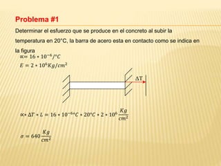 ΔT
Problema #1
Determinar el esfuerzo que se produce en el concreto al subir la
temperatura en 20°C, la barra de acero esta en contacto como se indica en
la figura
∝= 16 ∗ 10−6/°𝐶
𝐸 = 2 ∗ 106
𝐾𝑔/𝑐𝑚2
∝∗ ∆𝑇 ∗ 𝐿 = 16 ∗ 10−6°𝐶 ∗ 20°𝐶 ∗ 2 ∗ 106
𝐾𝑔
𝑐𝑚2
𝜎 = 640
𝐾𝑔
𝑐𝑚2
 