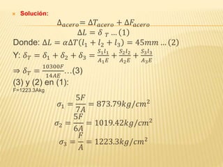  Solución:
∆ 𝑎𝑐𝑒𝑟𝑜= ∆𝑇𝑎𝑐𝑒𝑟𝑜 + ∆𝐹𝑎𝑐𝑒𝑟𝑜
∆𝐿 = 𝛿 𝑇 … 1
Donde: ∆𝐿 = 𝛼∆𝑇 𝑙1 + 𝑙2 + 𝑙3 = 45𝑚𝑚 … 2
Y: 𝛿 𝑇 = 𝛿1 + 𝛿2 + 𝛿3 =
𝑆1 𝑙1
𝐴1 𝐸
+
𝑆2 𝑙2
𝐴2 𝐸
+
𝑆3 𝑙3
𝐴3 𝐸
⇒ 𝛿 𝑇 =
10300𝐹
14𝐴𝐸
…(3)
(3) y (2) en (1):
F=1223.3Akg
𝜎1 =
5𝐹
7𝐴
= 873.79𝑘𝑔/𝑐𝑚2
𝜎2 =
5𝐹
6𝐴
= 1019.42𝑘𝑔/𝑐𝑚2
𝜎3 =
𝐹
𝐴
= 1223.3𝑘𝑔/𝑐𝑚2
 