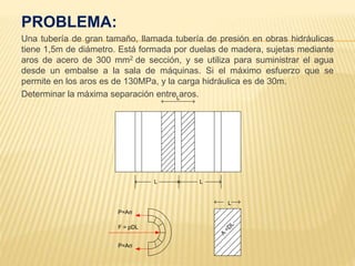 PROBLEMA:
Una tubería de gran tamaño, llamada tubería de presión en obras hidráulicas
tiene 1,5m de diámetro. Está formada por duelas de madera, sujetas mediante
aros de acero de 300 mm2 de sección, y se utiliza para suministrar el agua
desde un embalse a la sala de máquinas. Si el máximo esfuerzo que se
permite en los aros es de 130MPa, y la carga hidráulica es de 30m.
Determinar la máxima separación entre aros.
A
=D
L
L
L
L L
P=Aσ
P=Aσ
F = ρDL
 
