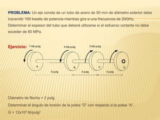 PROBLEMA: Un eje consta de un tubo de acero de 50 mm de diámetro exterior debe
transmitir 100 kwatts de potencia mientras gira a una frecuencia de 20GHz.
Determinar el espesor del tubo que deberá utilizarse si el esfuerzo cortante no debe
exceder de 60 MPa.
Ejercicio:
Diámetro de flecha = 2 pulg
Determinar el ángulo de torsión de la polea “D” con respecto a la polea “A”.
G = 12x103 lb/pulg2
A B C D
6 pulg 4 pulg 4 pulg
7 klb-pulg 4 klb-pulg 3 klb-pulg
 